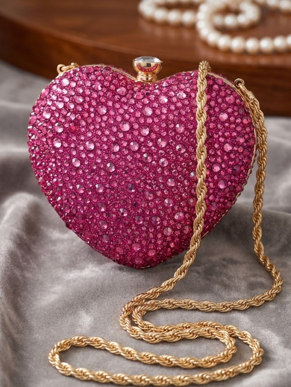 Pink Rhinestone Heart Clutch Bag | Crystal Evening Purse | Gold Chain Crossbody
